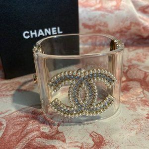 Auth Chanel CC cuff, acrylic with faux pearls and crystals